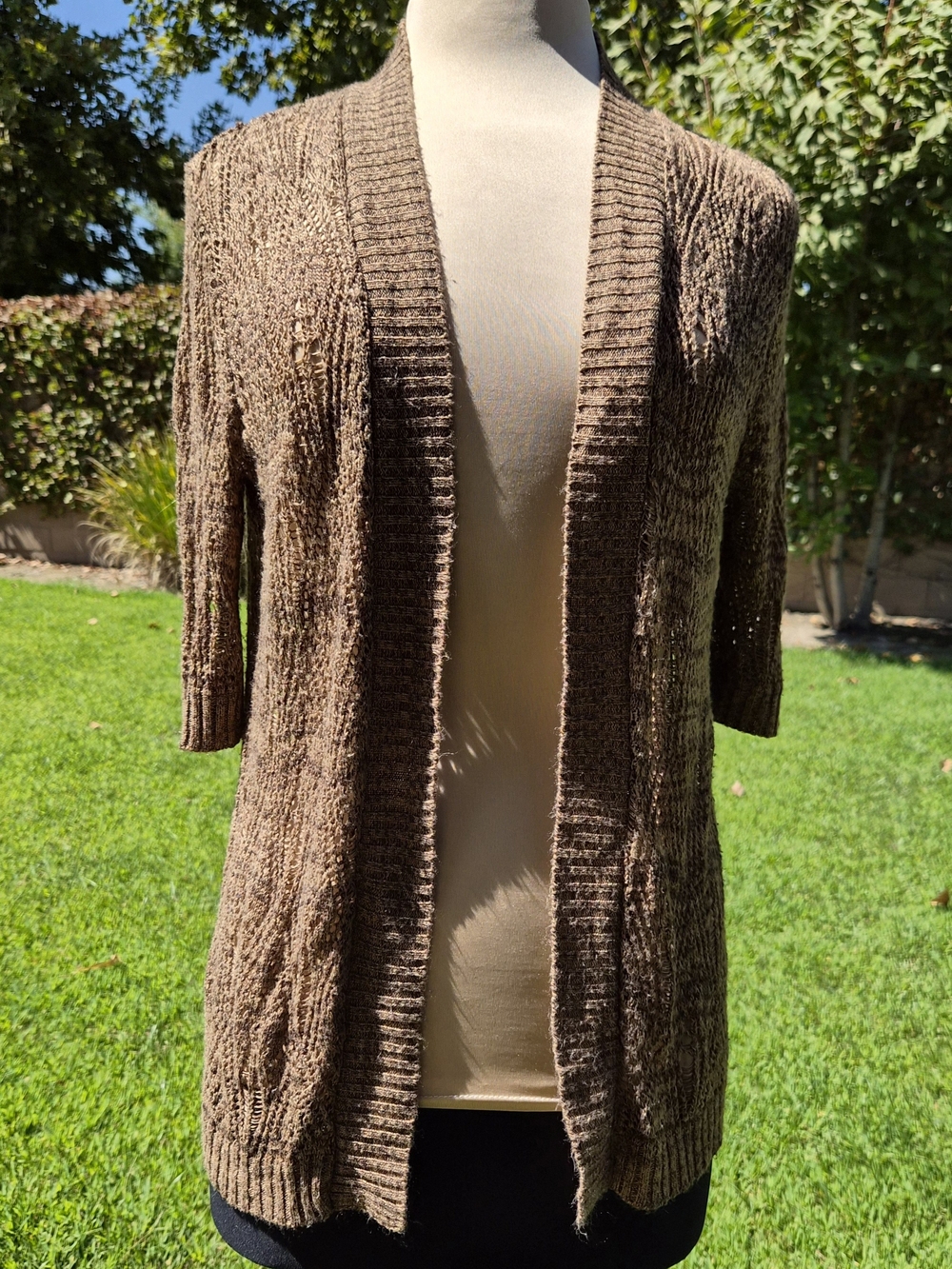 212 New York Marled Open Front Cardigan Sweater Brown Size M Short Sleeve #0529